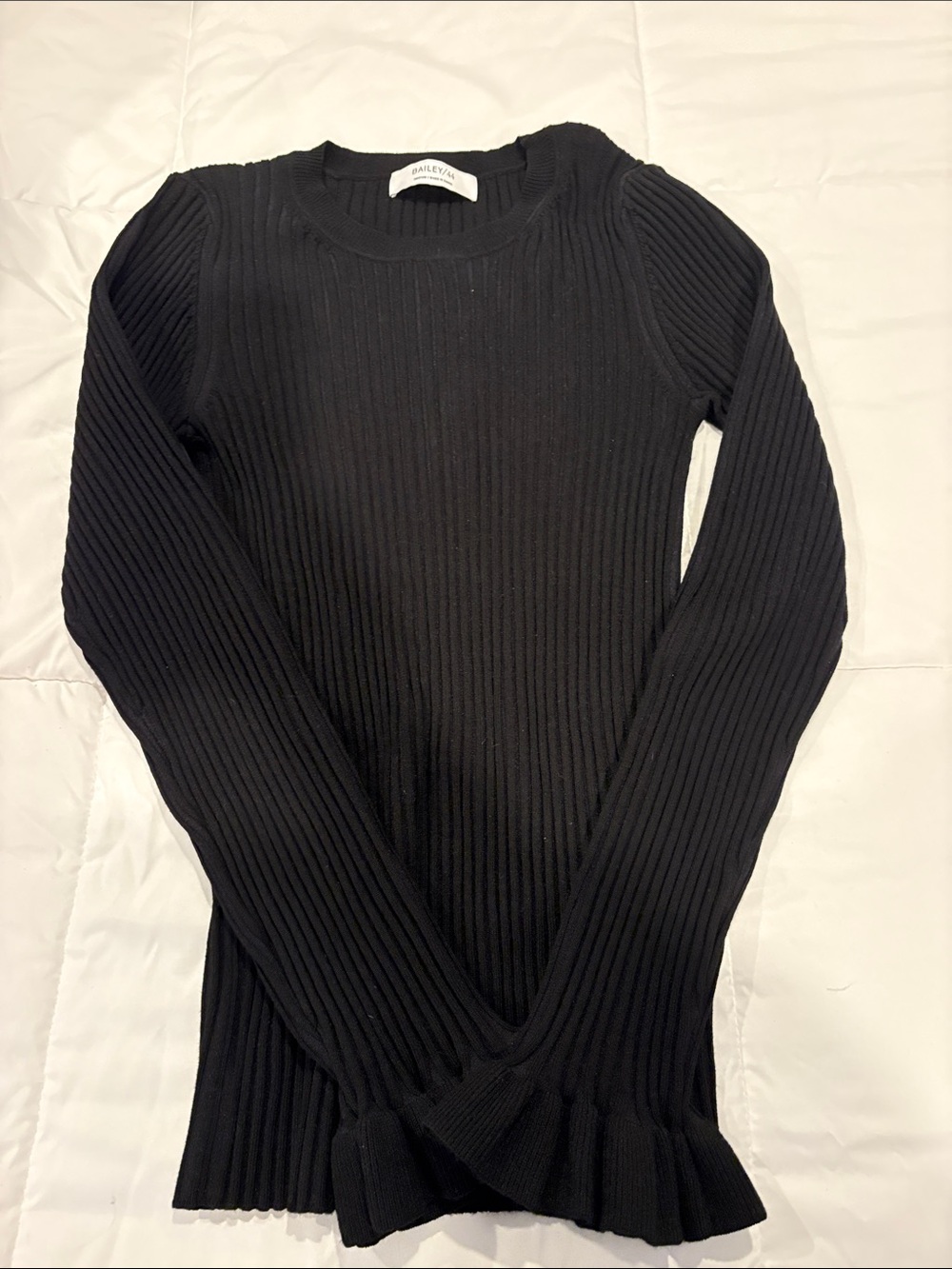 Bailey 44 Black Ribbed Long Sleeve Top with Ruffle Hem